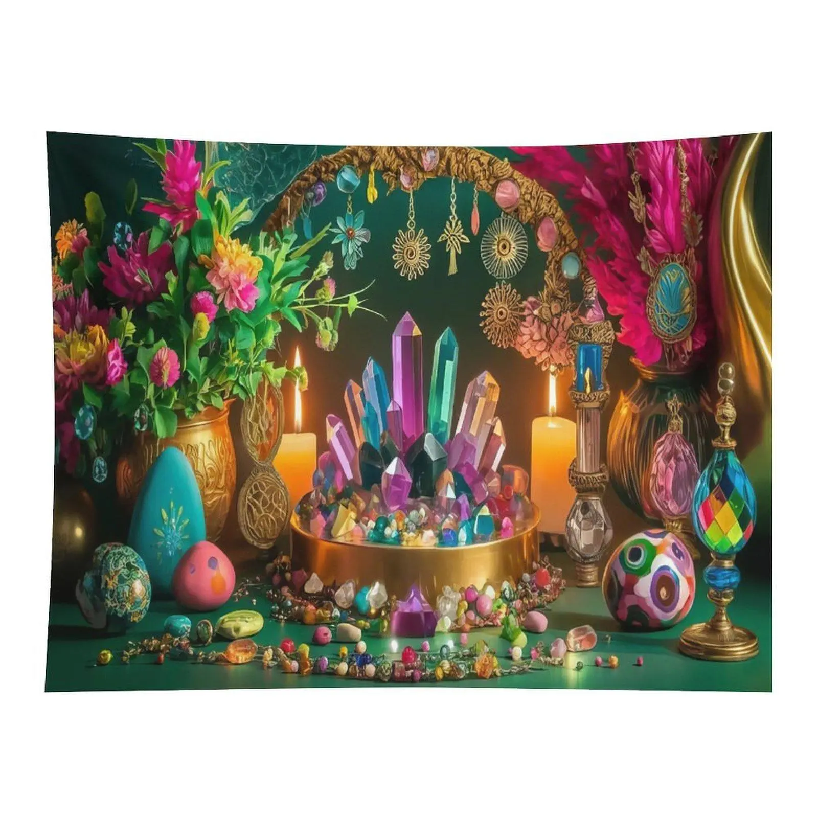 Dark Witchy Crystal Cluster Altar Table Decor Colorful Wildflower Candle Magical Green Background Occult Spiritual Wall Tapestry For Witchcraft Yoga Room Decor