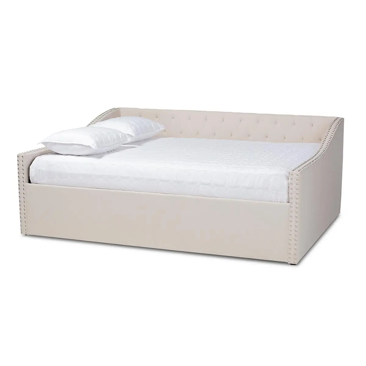 Baxton Studio Haylie Queen Size Button-Tufted Modern Contemporary Beige Polyester Fabric Upholstered Wood Daybed with Cushion, 33.3"x84.8"x63.8" Foam Padding, Bedroom Furniture for Midday Naps, Assembly Required
