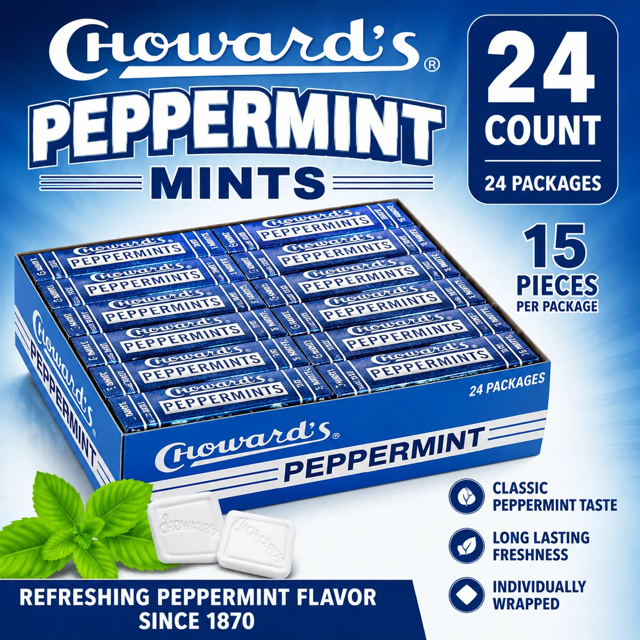 Choward's Peppermint Mints 24 Count ️ Classic Refreshing Breath Mints | Individually Packaged Retro Candy Treats