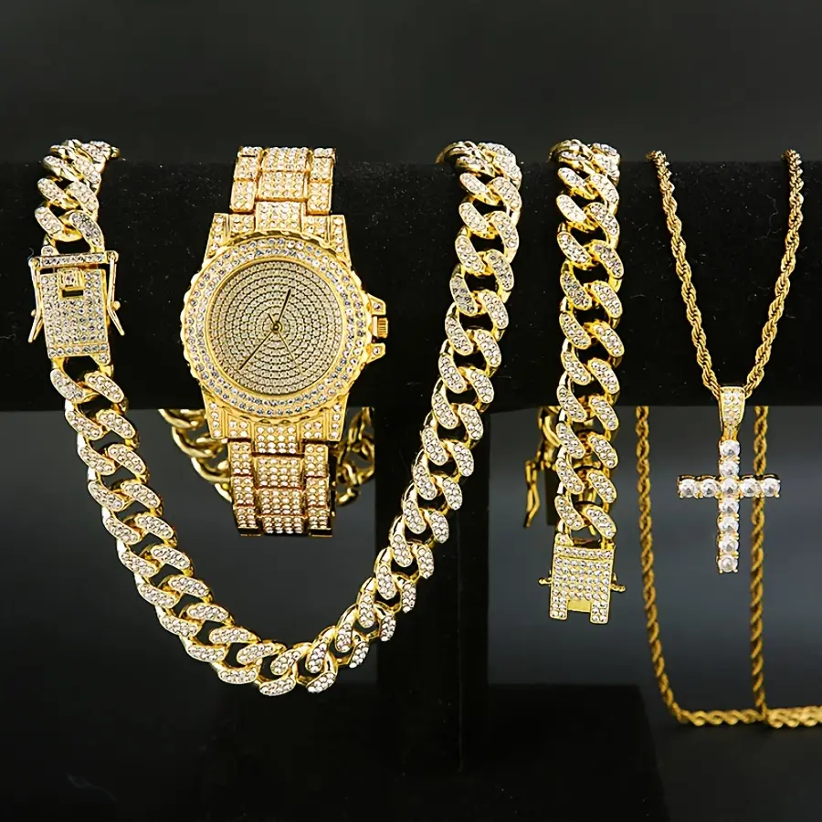 Men's Hip Hop Jewelry Set - 4-Piece Iced Out Gold Tone Cuban Link Chain, Bracelet, Cross Necklace & Watch