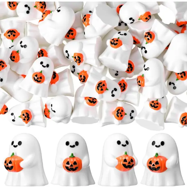 50PCS Halloween Mini Ghost Pumpkin Figurines | Tiny Resin Pumpkin Decorations, Spooky Miniatures for Garden, Plants, Cake Toppers, DIY Crafts & Halloween Party Decor