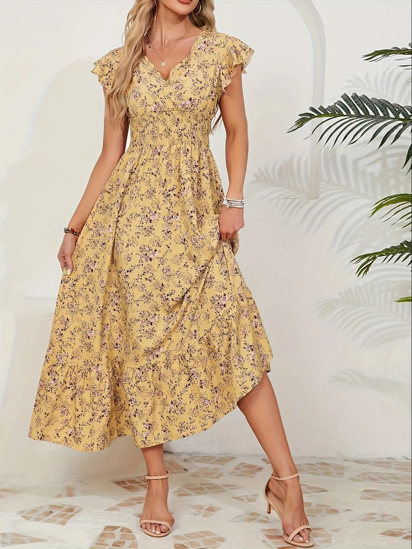 Yellow Ditsy Boho, Bohemian Style Floral Midi Vneck Dress Casual Fitted Ruffle Sleeve Smocked Waist Tiered Hem - Perfect for Summer Brunch/Beach Days