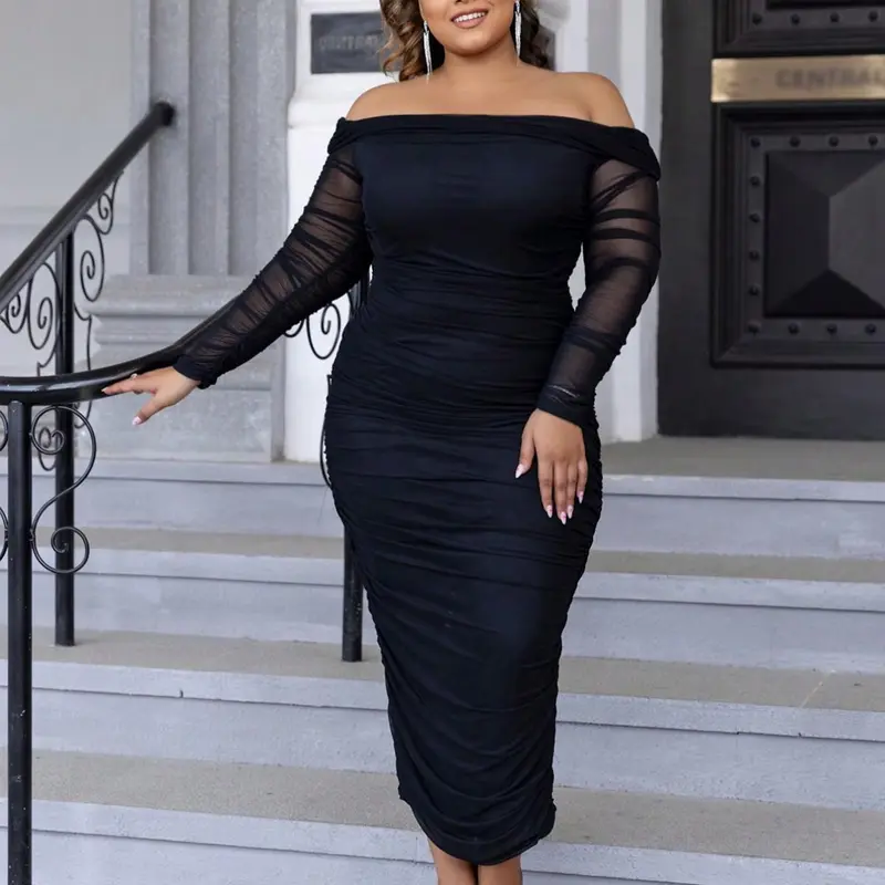Plus Size Off Shoulder Mesh Stretchy Bodycon Dress, Elegant Chic Ruched Long Sleeve Evening Party Gown, Women's Clothes for Summer, Womenswear, Formal Wear, Formal Dresses, Elegant Fashion Dress