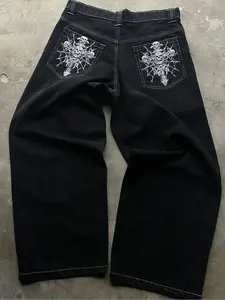Halloween Embroidery Design Loose Wide Leg Jeans, Y2K Street Vintage Trendy Denim Jeans, Fashion Pioneer Jeans for Women