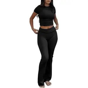 Two Piece Lounge Sets for Women Fold Over Flare Pants Short Sleeve Crop Top Y2k Outfits Matching Set TracksuitGift