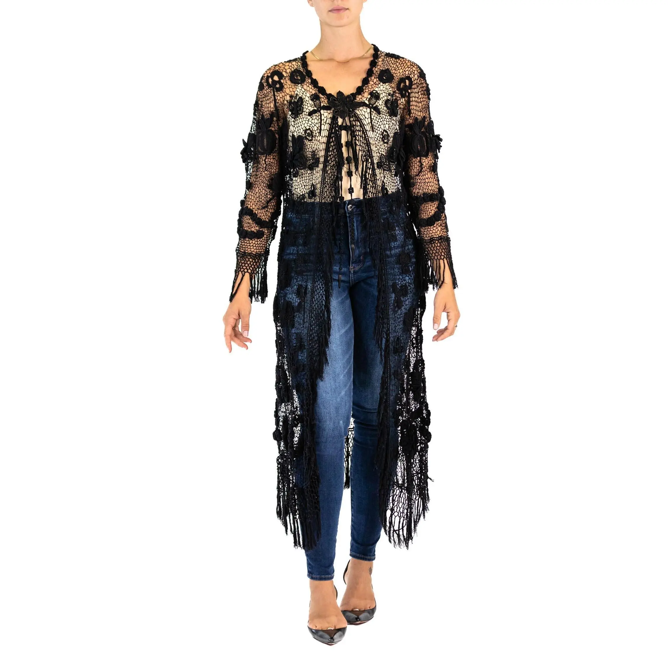 Victorian Black Hand Crochet Linen & Cotton Antique Lace Long Duster With Knotwork Fringe