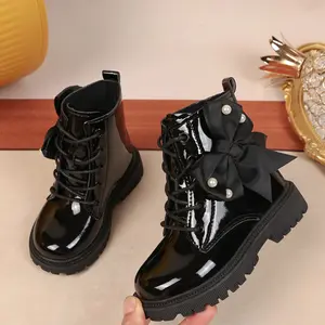 Fashion Round Toe Boots Pearl Decorated Bow Tie Strap Shiny Leather Kids Shoes, Suitable for 3-12 Years, Daily Wear, Travel School