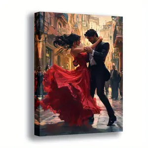 2D Flat Romantic Tango Dance Art Print with Wooden Frame - Vintage Style Canvas Wall Art, High-Quality Printed Poster, Suitable for Elegant Home Office Decoration, Discount, 2D Flat