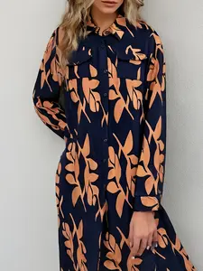 Plus Size Leaf Print Long Shirt Dress, Button Down Maxi Tunic, Long Sleeve, Navy & Orange, Casual Vacation & Daily Wear for Curvy Women