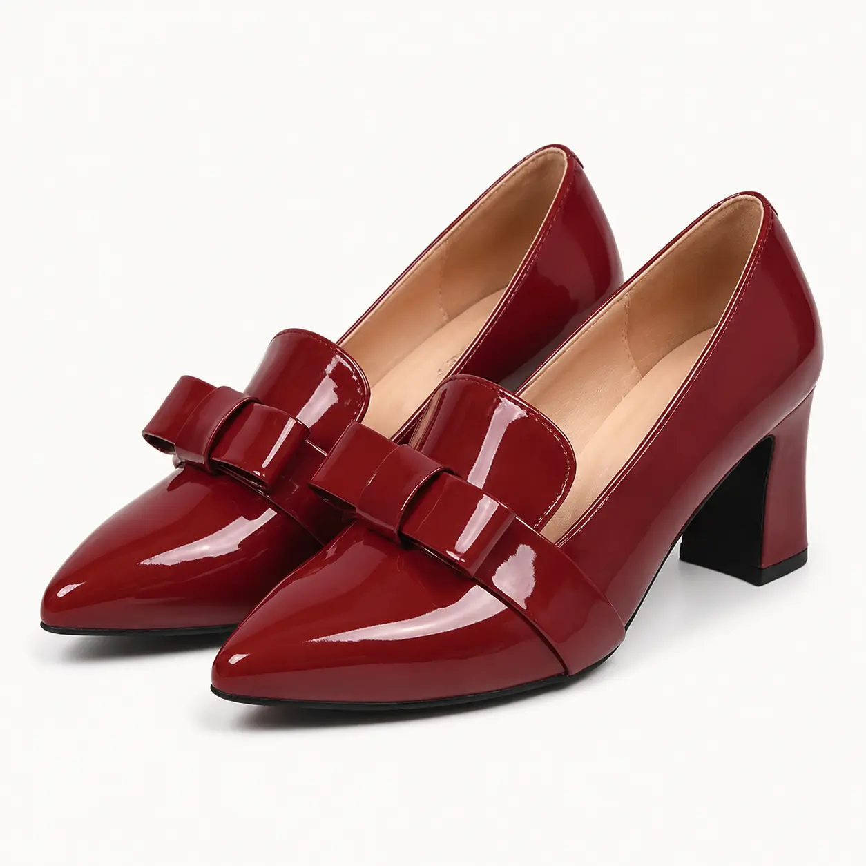 GeeYea women's Red Patent PU Leather Bow Pumps, Pointed Toe Chunky High Heel Dress Shoes with Glossy Upper, Slip-On Elegant Heels for Office, Party, Wedding, Date Night & Formal Outfits.