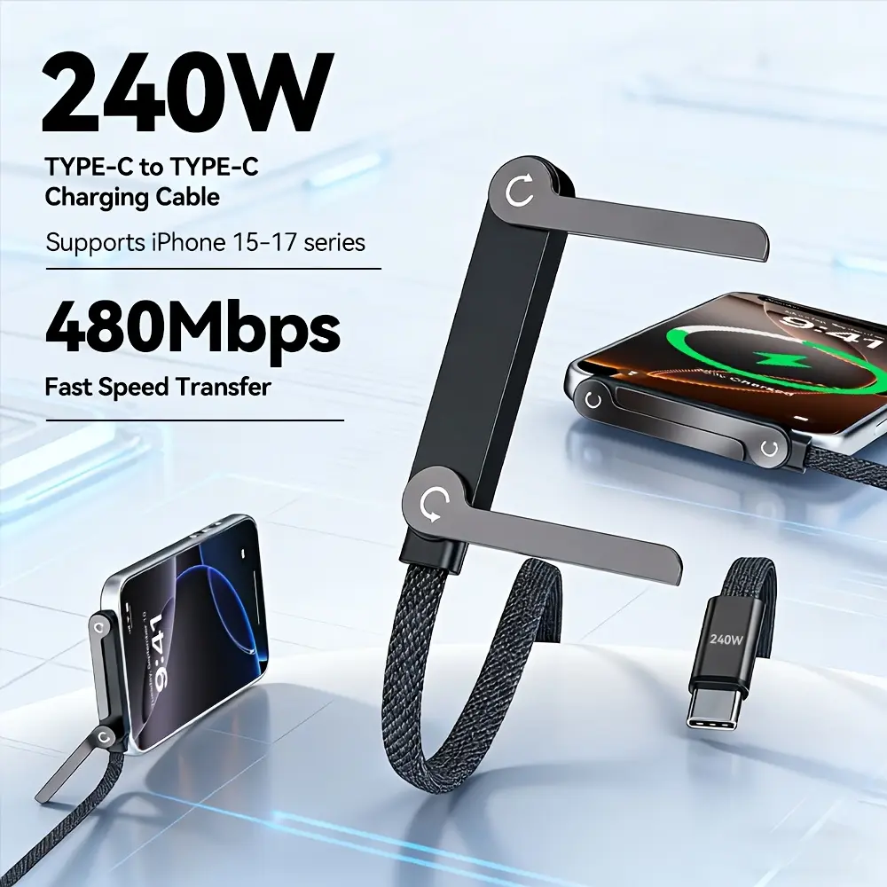 240W USB-C Fast Charging Cable with Foldable Phone Stand, 360° Elbow Nylon Braided Type-C Cord for iPhone 17/16/15 Pro, Samsung S26/S25/S24, MacBook & iPad Pro charger Functional Type C Cellphone