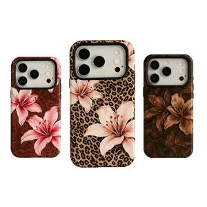Leopard Print Floral Phone Case Pink Lilies Durable Shockproof Cover  for iPhone 17Promax 16 15 14 13 12 11 and for Samsung S21-S25 Gift for Girls