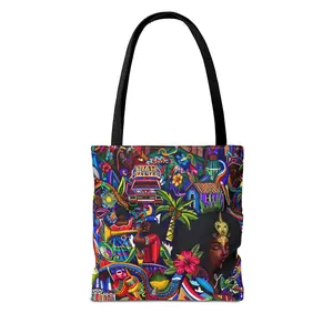 Women's Synthetic Lightweight Boho Beach Tote - Haitian Caribbean Art Collage All-Over Print, Tropical Island Motifs, Palm Trees, Floral Design, Boxed Corners, Double Handles, Open Top, Boho Beach Bag