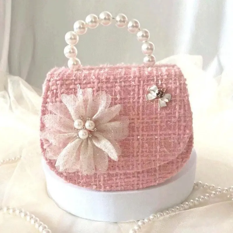 Cute Flower Princess Girls Flap Shoulder Bags Sweet Kid Pearl Top-handle Bag Coin Purse Portable Children Chain Crossbody Clutch