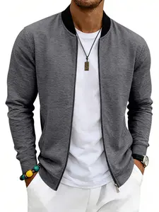 Men's Baseball Neck Zipper Sweatshirt Jacket, Colorblock Ribbed Collar, Full Zip Closure, Casual Street Style, Spring & Fall Fashion, Long Sleeve