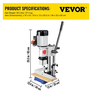 VEVOR Woodworking Mortise Machine, 3/4 HP 3400RPM Powermatic Mortiser With Chisel Bit Sets, Benchtop Mortising Machine, For Making Round Holes Square Holes, Or Special Square Holes In Wood