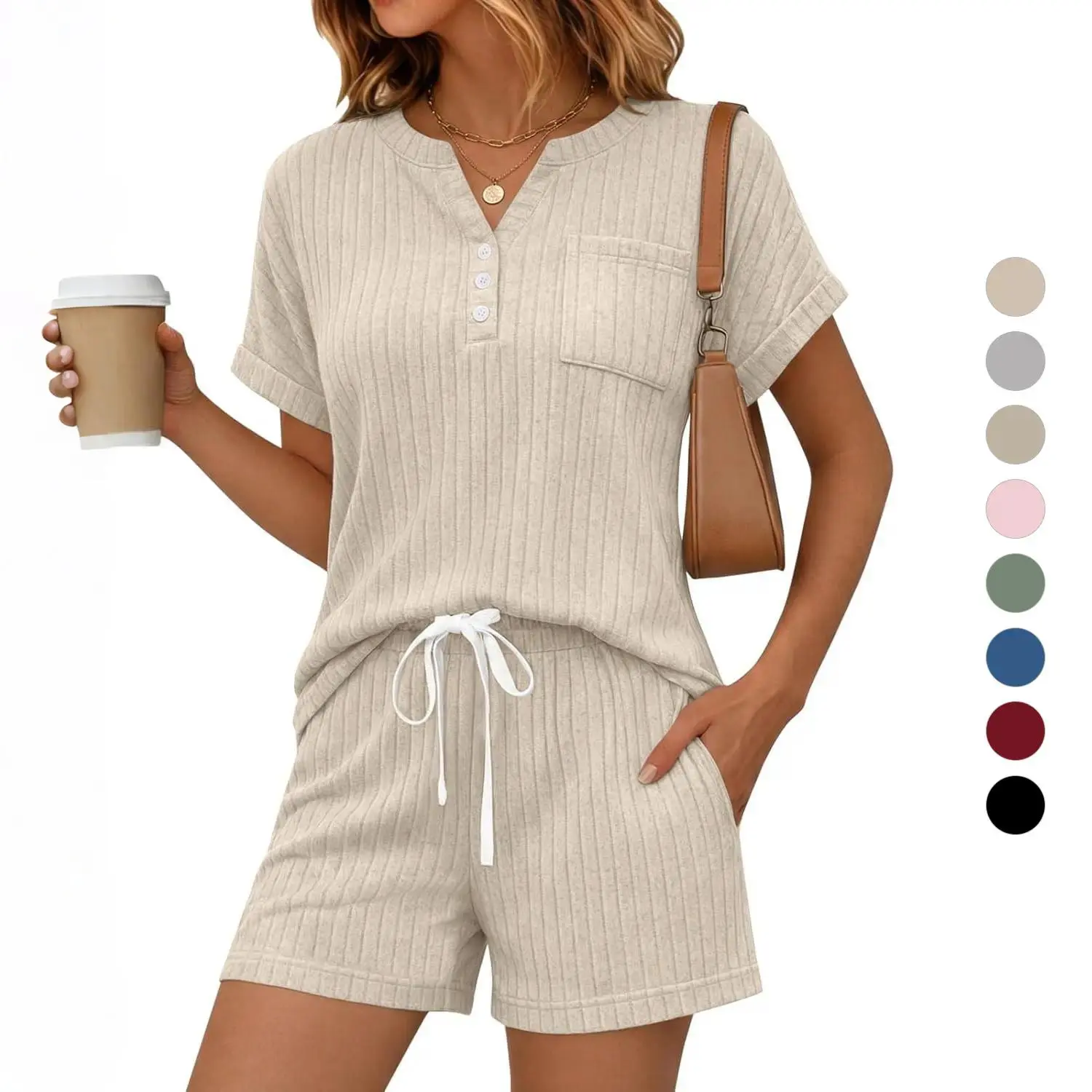Yousify 2 Piece Short Sets for Women Summer 2026 Lounge Short Sleeve Henley Outfits Sweatsuit with Pocket