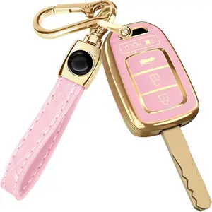 Compatible with Honda Key Fob Cover & Leather Keychain - TPU Keyfob Case for Accord Civic CR-V HR-V Pilot Ridgeline SE LX, For 4 Button Remote (2014-2022) - Pink and Gold