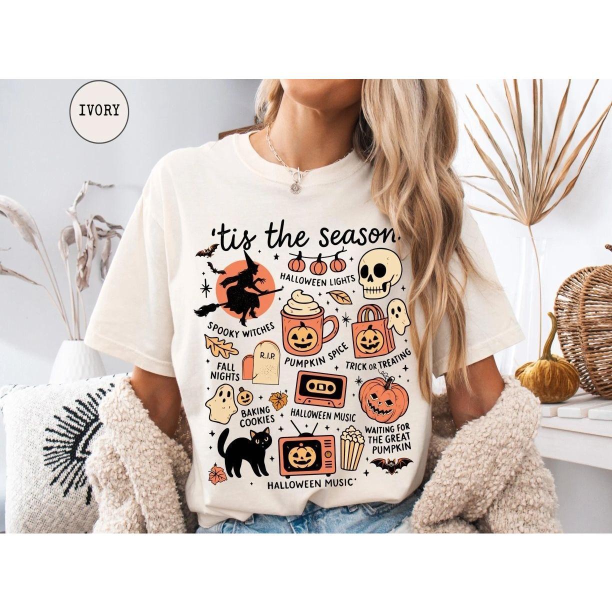 Comfort Colors Vintage Halloween T-Shirt, Retro Halloween Aesthetic Tee, Women’s Pumpkin Witch Graphic Shirt, Tis’ the Season Halloween Graphic T-Shirt, Spooky Fall Apparel for Women & Men