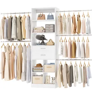 4-8 FT Closet Organizer Tower with 2 Wooden Drawers and Shelves, Can Fit 60 to 96 inch Walk-in Closet System with 5 Hang Rods, Built-in