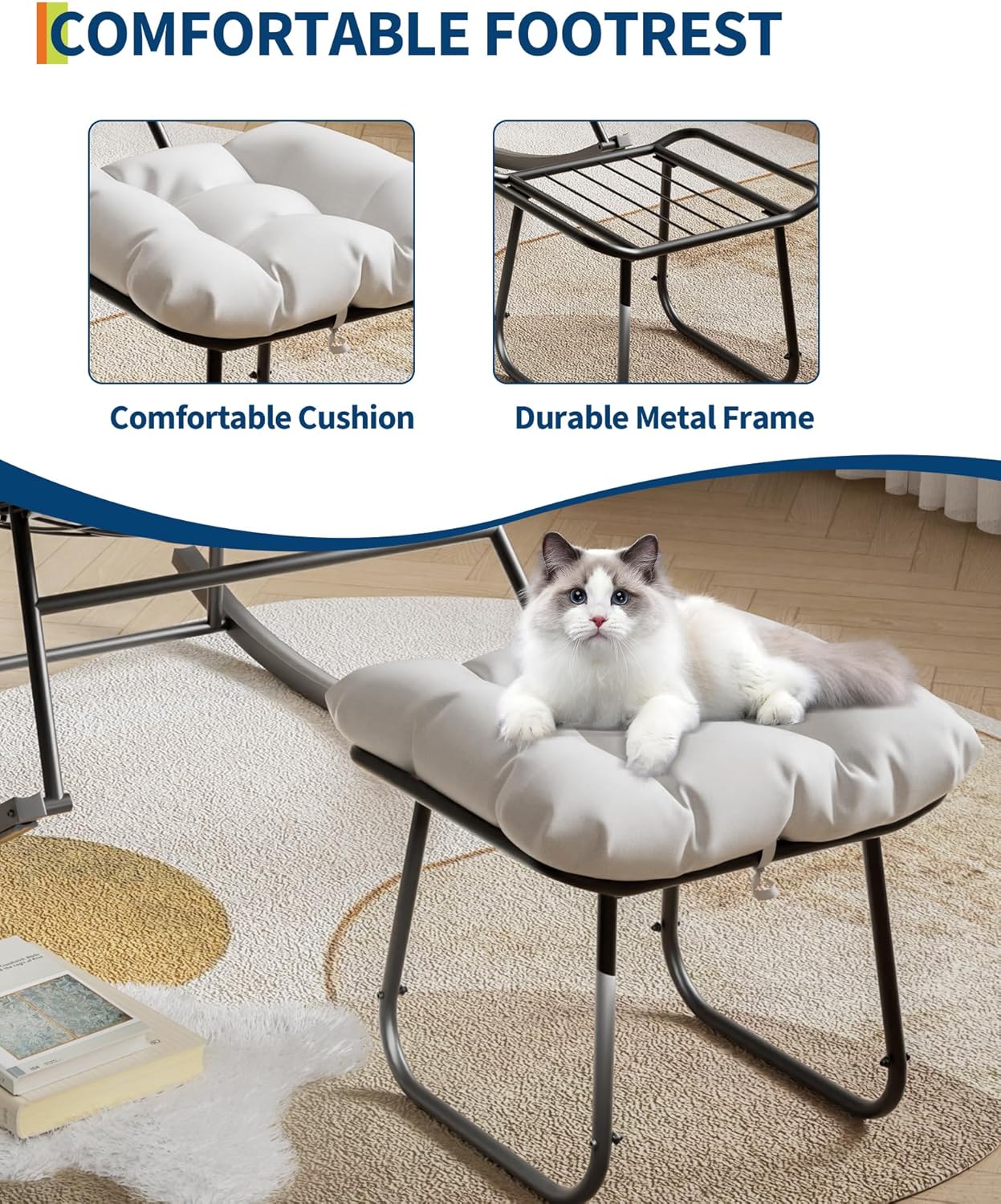 Outdoor Oversized Papasan Rocking Chair with Footrest, Patio Lounge Chair with Ottoman and Sturdy Metal Frame, Patio Rattan Egg Rocker for Balcony Backyard Porch Bedroom