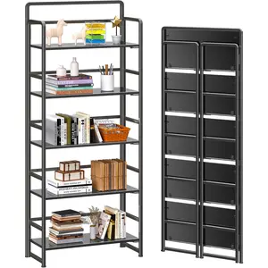 4NM No-Assembly 5 Tiers Folding Bookshelf Storage Shelves Vintage Bookcase Standing Racks Study Organizer Home Office (All Black)