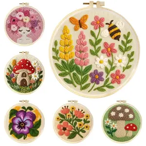 DIY Punch Needle Kit with Mushroom, Flowers, Hoop & Stamped Pattern - Easy Embroidery Set for Beginners, Stress Relief Craft for Bedroom, Classroom, Office Decor & Gifting to Coworkers