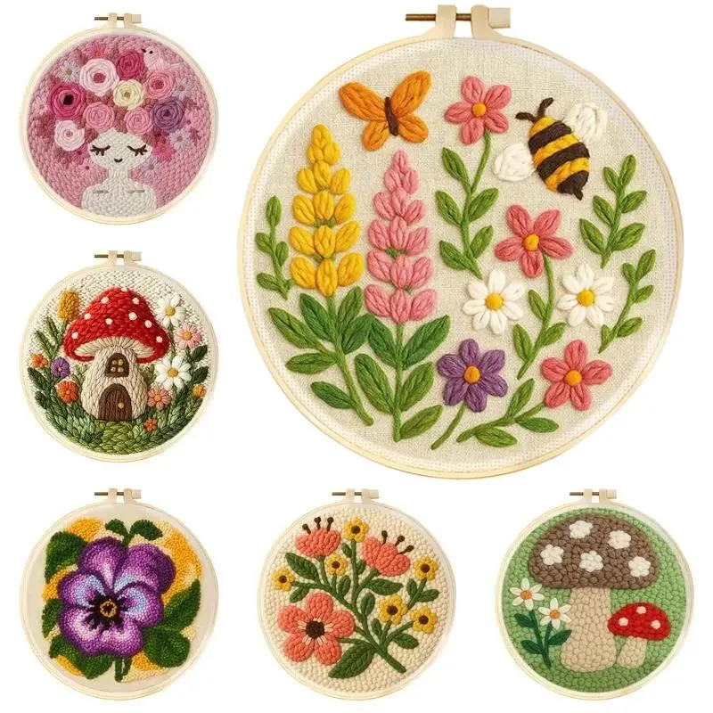 DIY Punch Needle Embroidery Kit - 7.8 Inch Hoop, Adjustable Embroidery Hoop, Stamped Mushroom & Flower Mixed Textile, Unisex Beginner Handmade Art Set, Stress Relief Toy for Living Room Decor & Coworkers Gifting, Fabric