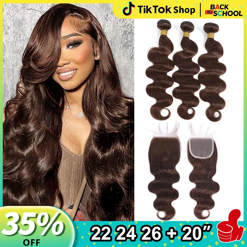 Body Wave Bundles with Lace Frontal Chocolate Brown Bundles Glossy Hair Bundles Brazilian Raw human hair bundles 100% Unprocessed Brazilian Virgin Hair Bundles Quick Weave Hair Extension 100% human hair bundles with lace closure and frontal