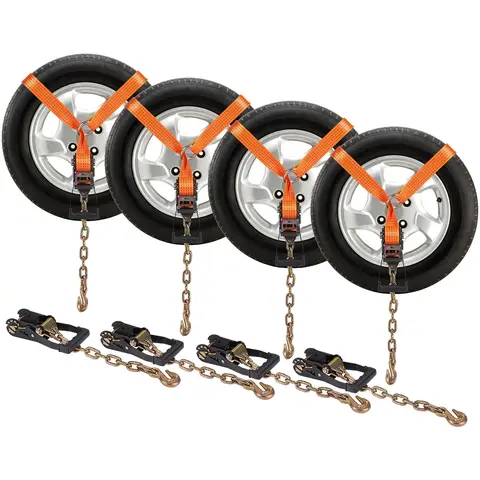 【toolupgrade】VEVOR 4-Pack Value Metal Car Tie Down Hooks with Chain Anchors, 2"×120" Lasso Tire Straps, 5865 LBS Working Load, 11023 LBS Breaking Strength, Ratchet Buckles, Wear-Pad Protect, Polyester Loop for ATVs Vehicle Transportation Auto Accessories