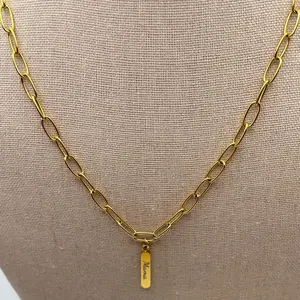 Personalized Paperclip Charm Necklace 18k PVD Gold 316L Stainless Steel Interchangeable Charm System Engraveable Bar Pendant 18 Length with 3 Extender Fashion Casual Trendy Jewelry for Custom Engraved Name Accessory