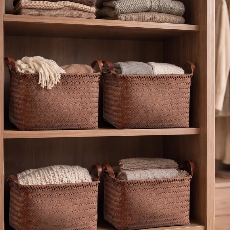 BROWNLILY Handwoven Wicker Multipurpose Rattan Baskets - 4/6/8 Pack Large Brown Synthetic Rattan Storage Bins with Handles, Strong Wire Frame, Farmhouse-Modern Closet/Daily Storage Organizers, Trunk-Ready Carry (Shelves)