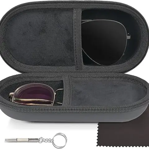 Unisex Synthetic Plain Hard Shell Dual Eyeglasses Case - Eye Glasses Holders, 2-Slot Portable Eyewear Organizer with Clip-Zipper, Secure Clips, Compact Bag-Fit Storage Box, Keeps Glasses Secure Travel Companion for Versatile Use
