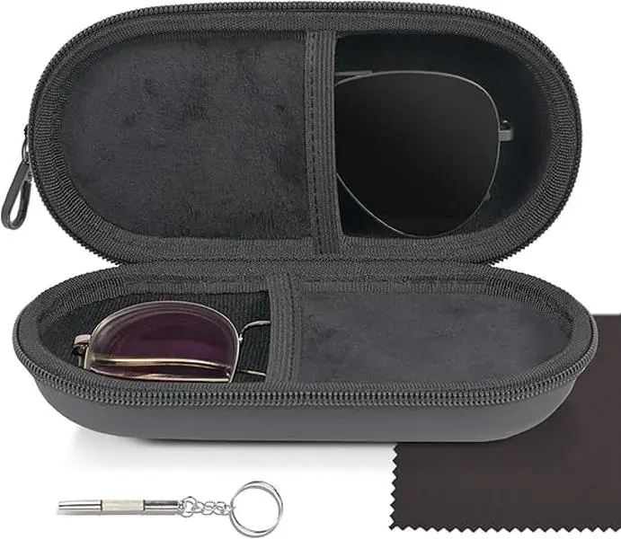 Hard Shell Sunglasses Organizer for 2 Pairs, Solid Unisex Glasses Storage Case for Travel with Secure Zipper and Carabiner Clip, Double Slots, Two Pairs