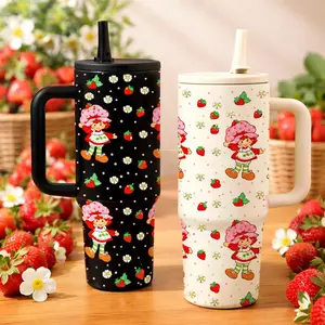 AuraCup 40oz Insulated Tumbler with Handle and Straw, Strawberry Pattern Stainless Steel Travel Cup, Double Wall Vacuum Mug Keeps Drinks Cold Hot, Large Capacity Cup for Home Office Car and Outdoor Use, Valentine’s Day Gift, Insulated Travel Drinkware