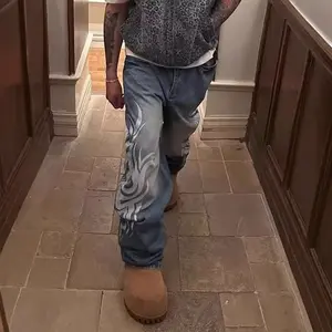 Men's Blade Totem Print Jeans, American Vintage Washed Distressed Denim, Loose Straight Wide-Leg Pants, Floor-Length Trousers