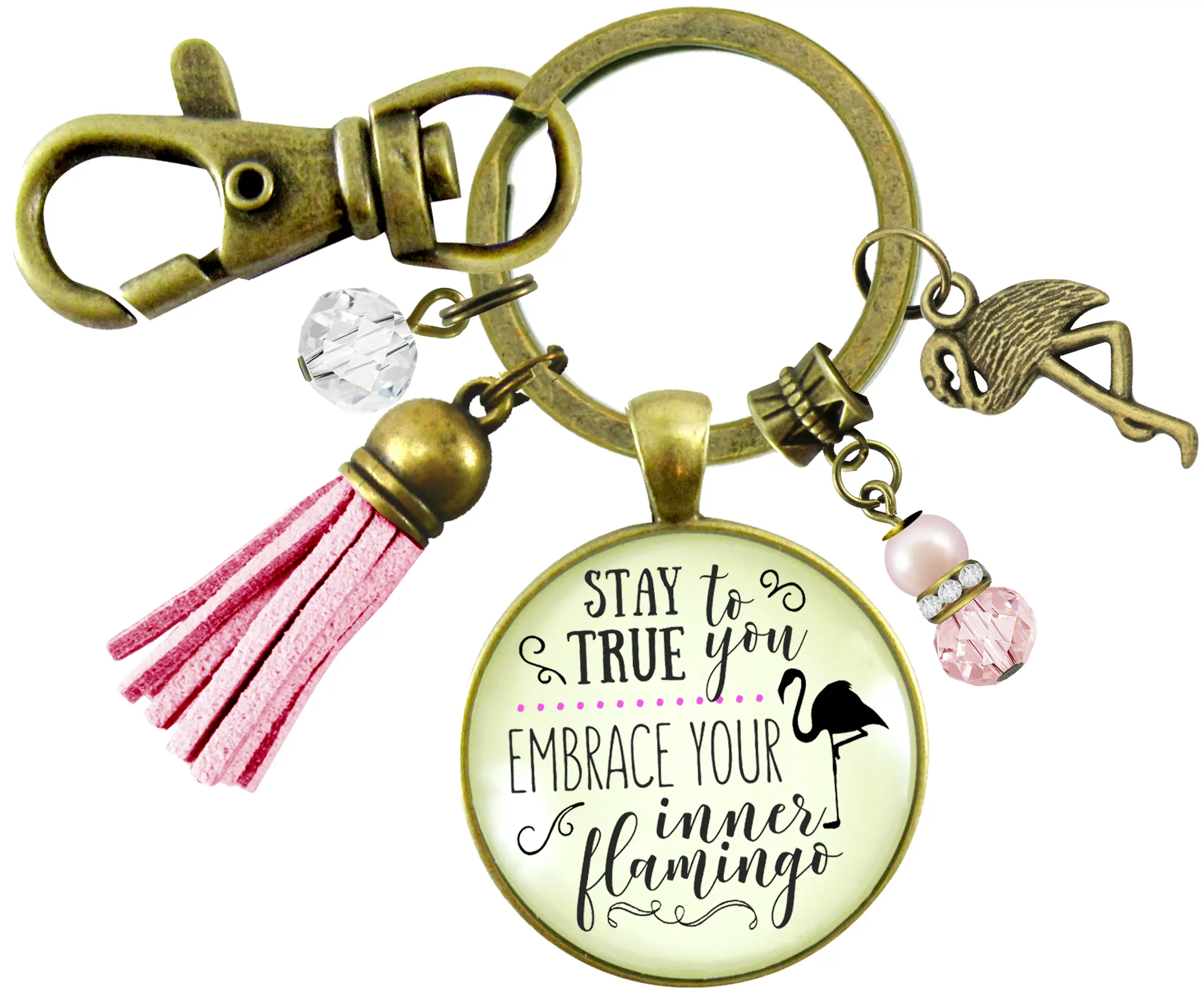 Flamingo Keychain Stay True To You Quote Tropical Fun Jewelry Pink Tassel Charm