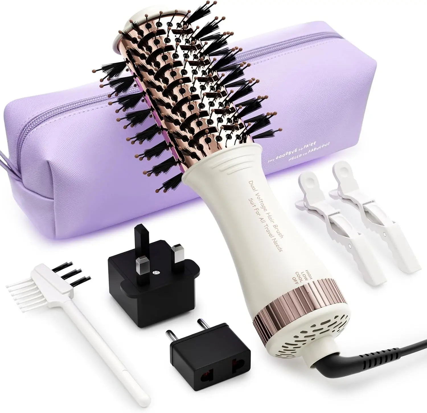 4-in-1 Lightweight Dual Voltage Travel Hair Dryer Brush 110-240V - Mini Portable Hot Air Styler, Volumizer, Straightener, Curler with EU&UK Plugs