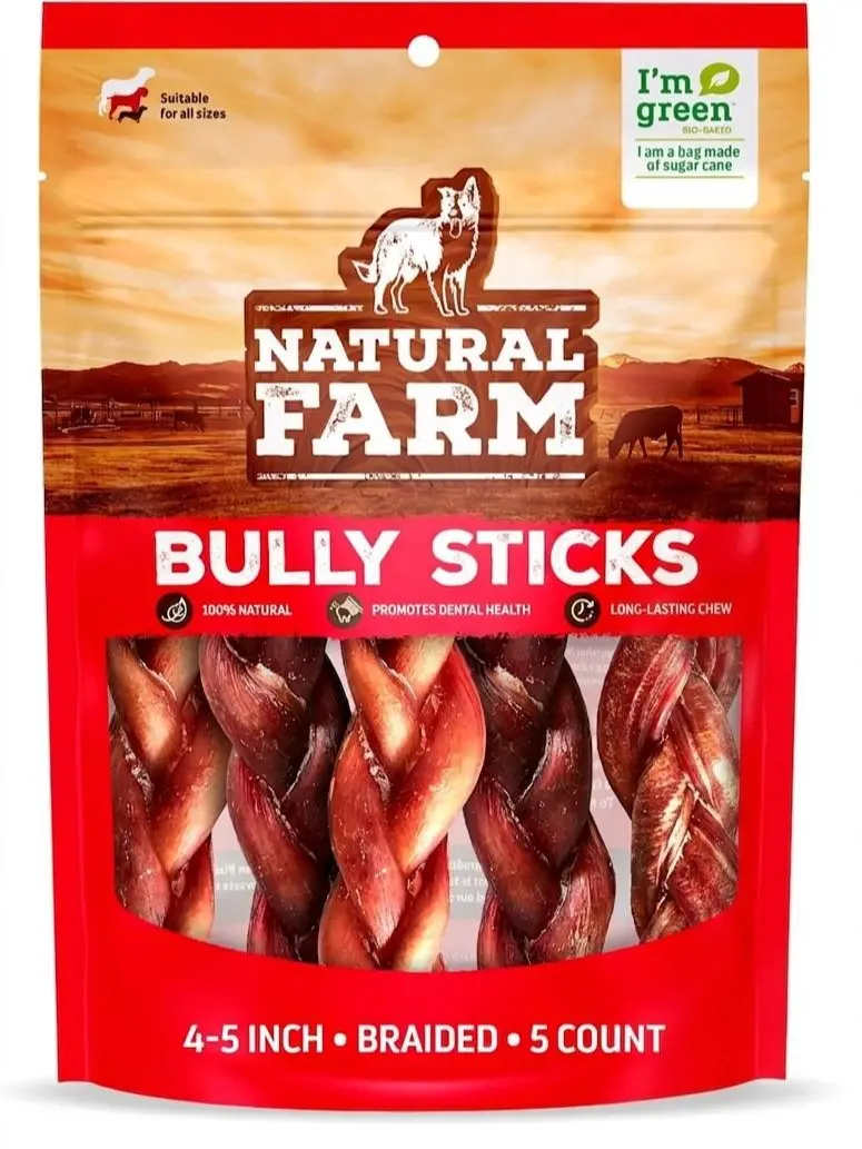Natural Farm 4-5 Inch Braided Beef Bully Sticks, All-Natural Dog Chews, Rawhide Alternative Dog Treats