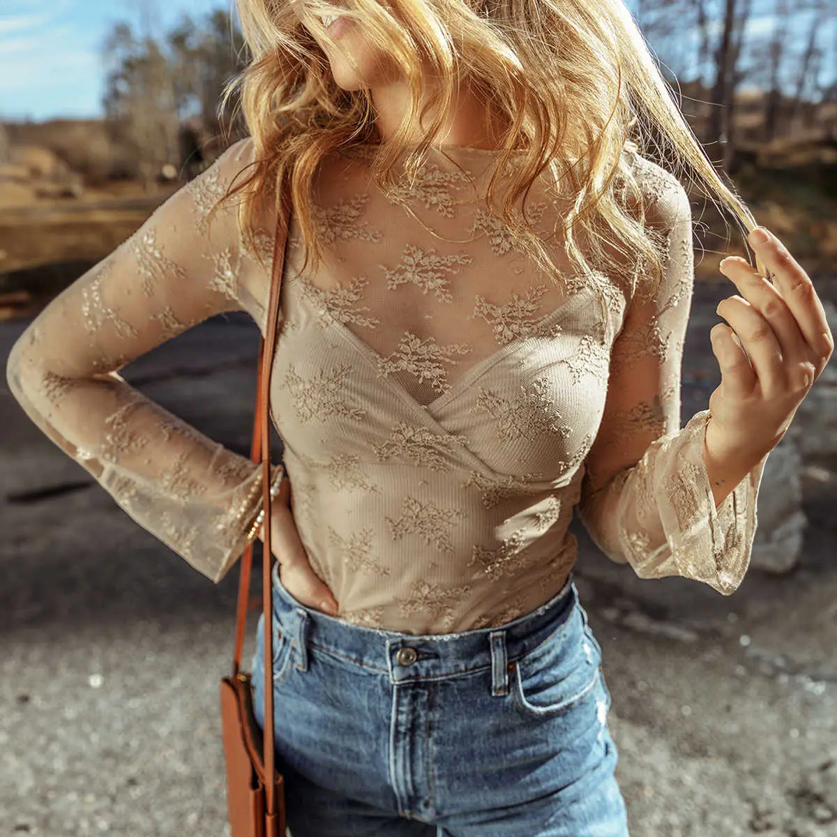 Apricot Lace Mesh Crochet Splicing Slim Fit Long Sleeve Blouse with Sheer Fabric & Lace Detailing for Women's Fashion