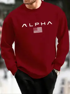 Men's Long Sleeve Round Neck Knitted Fleece Pullover Sweatshirt, Fashion Letter Print Fitted Casual Warm Winter Top, Autumn outfits, Multiple Colors Available, Knitwear