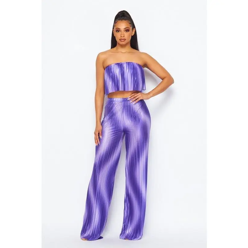 Flared bandeau top and straight leg pants set (purple)