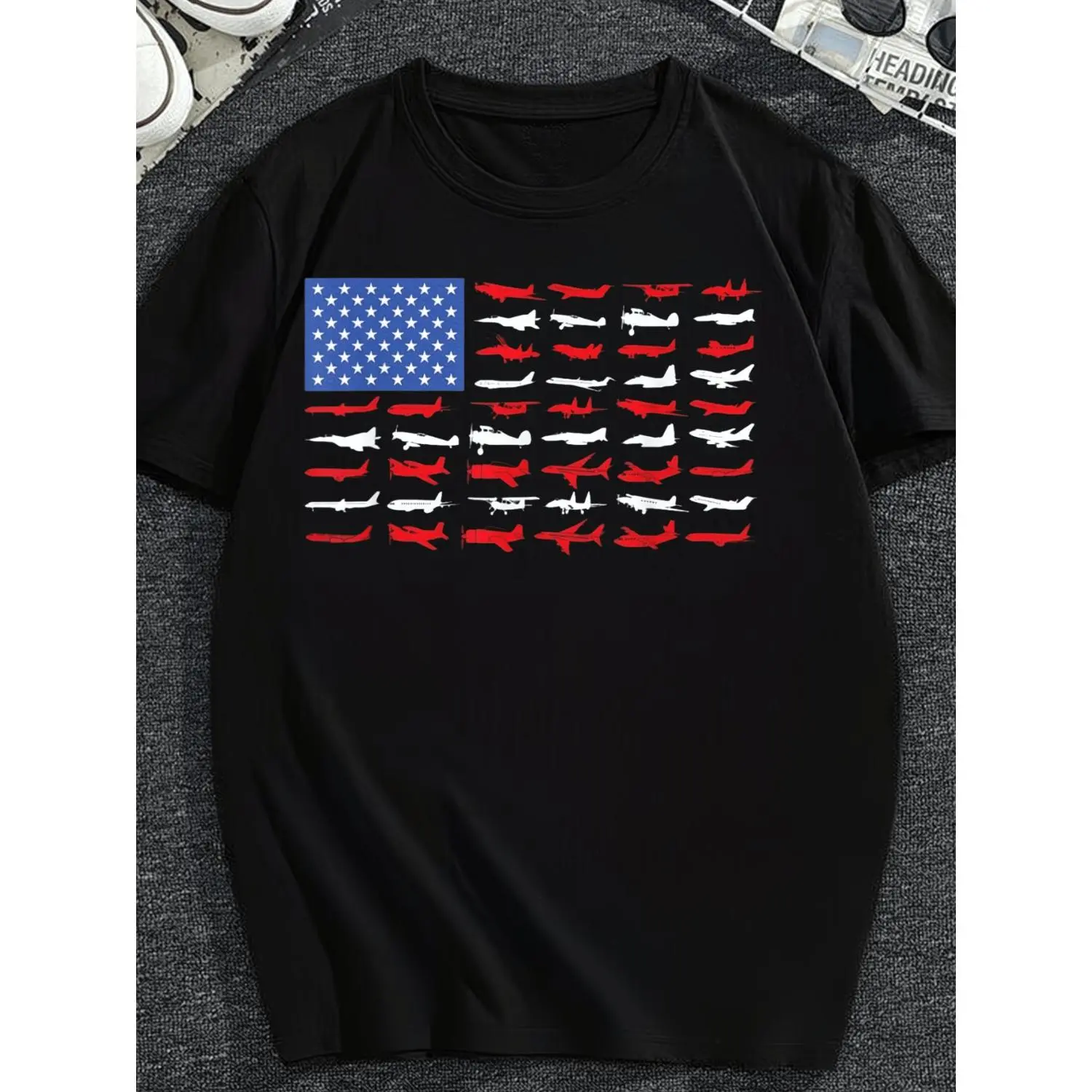 Men’s aviation-themed American flag T-shirt with airplane and pilot design — short-sleeve casual crew neck tee, apparel for aviation enthusiasts, all-season fit for casual wear and aviation events.