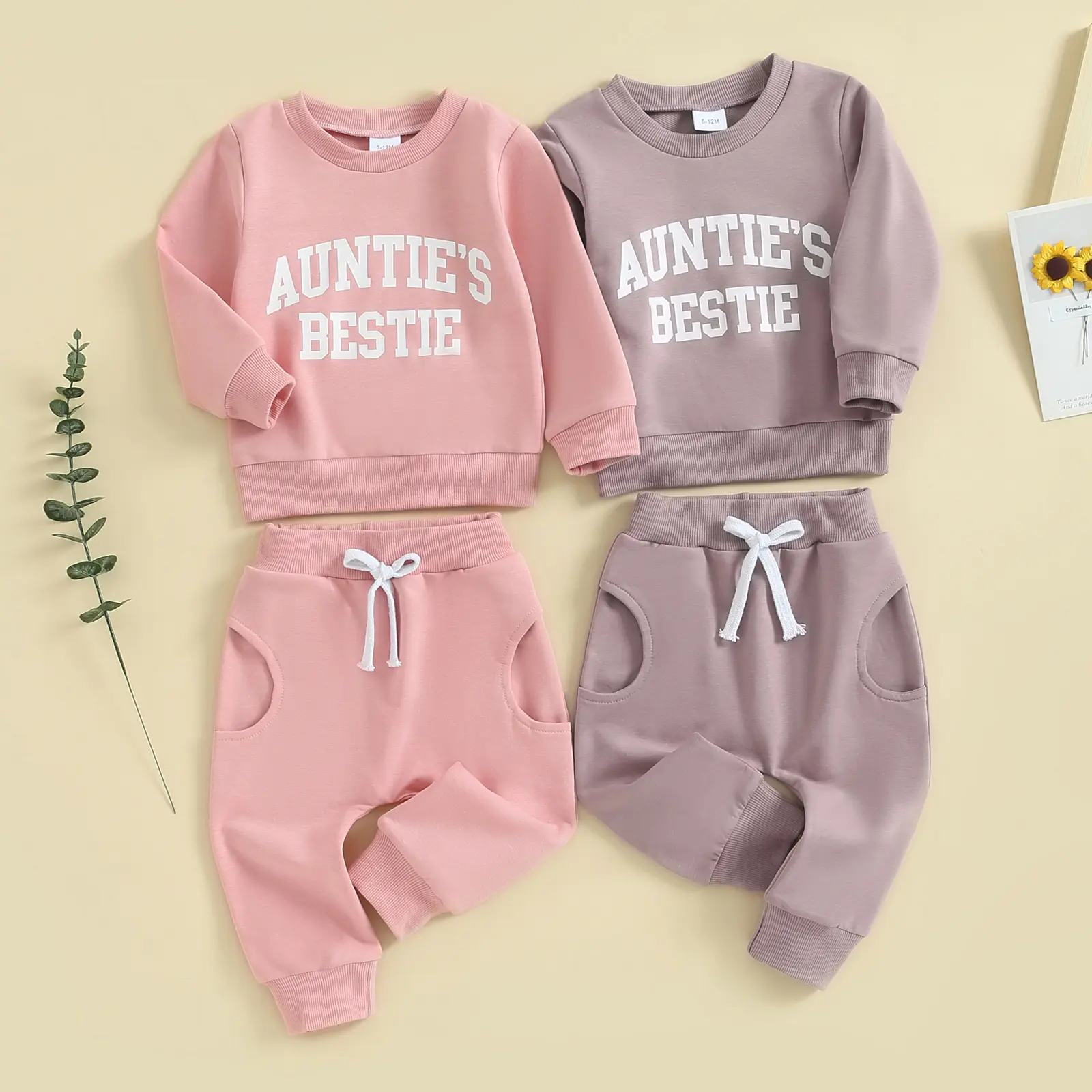 Infant Toddler Baby Girl Fall Winter Clothes Long Sleeve Auntie's Bestie Sweatshirt Pullover Tops Solid Pants Set