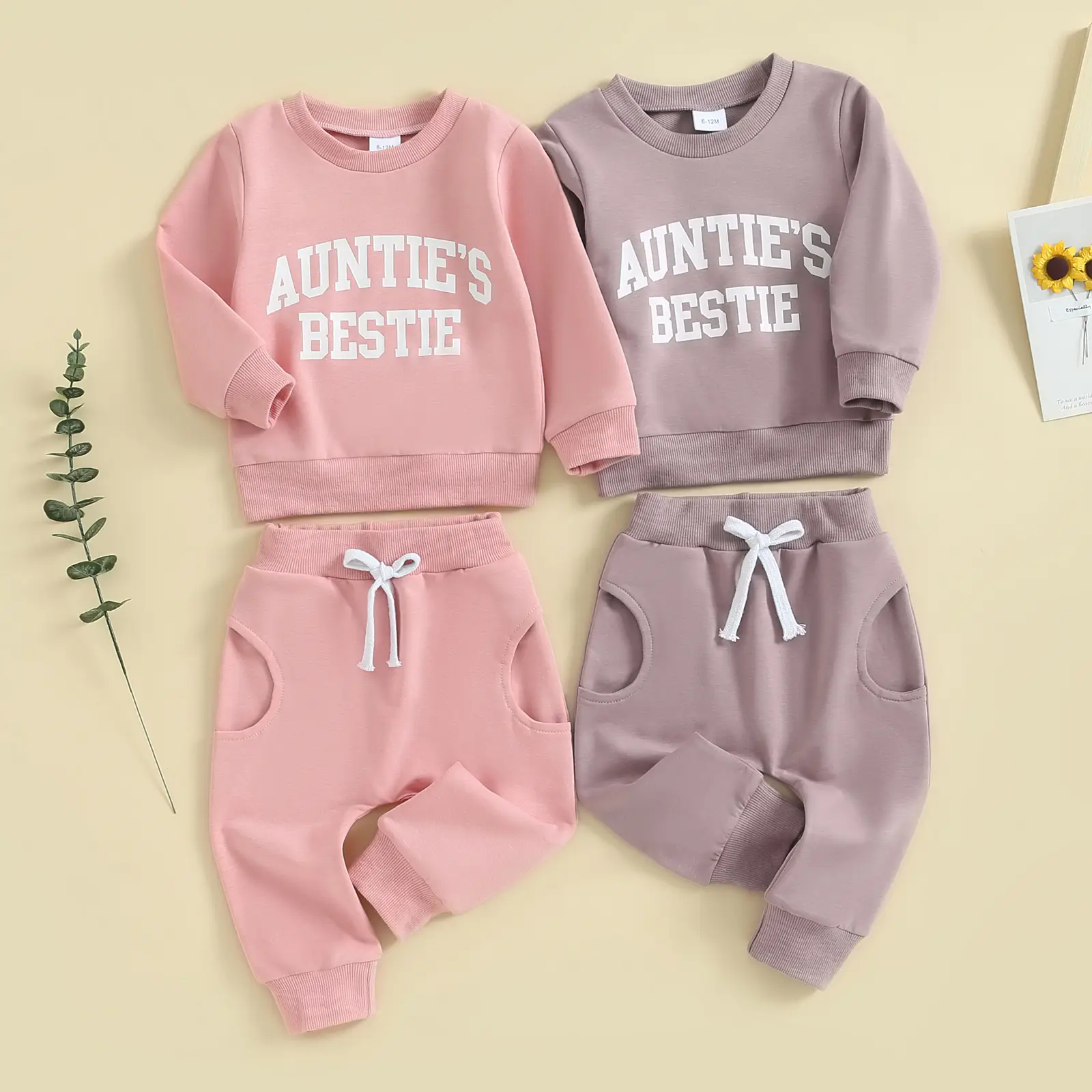 Toddler Baby Girl Clothes Long Sleeve Solid Color Aunties Bestie Letters Print Crewneck Sweatshirt Pullover with Pant Fall Winter Outfits