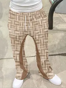 Men's Vintage Plaid Drawstring Wide Leg Pants, Street Style Patchwork Long Trousers, Casual Fitted Flared Trousers for All Seasons