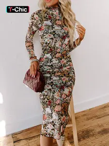 Women's Ditsy Floral Print Long Sleeve Bodycon Casual Chic Fitted Dress, Elegant Fashion Casual Dress for Daily Outdoor Wear, Women Dress for All Seasons