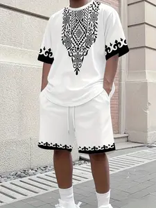 Men's Ethnic Style Casual Set with Short Sleeve and Shorts, Vintage Floral Pattern, Fitted Suit for All Seasons
