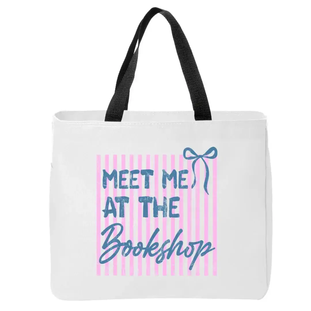 Meet Me at the Bookshop Tote Bag Pink Stripes