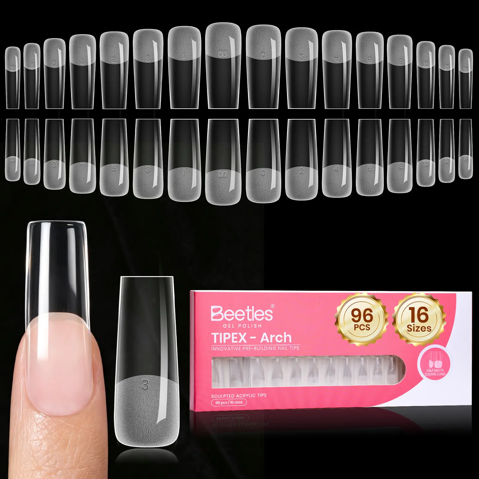 [New Arrival]Beetles Tipex Arch Apex Nail Tips, 96/192PCS Pre-Built Sculpted Acrylic Tips, 16 Sizes for Flat & Natural Nail Beds, Square, Almond, Coffin, Stiletto, Oval & Coffin Square
